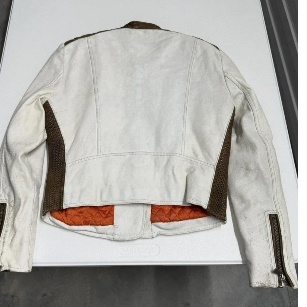 MICHAEL KORS Women Moto Jacket White Brown Leather Biker‎ Style Size M